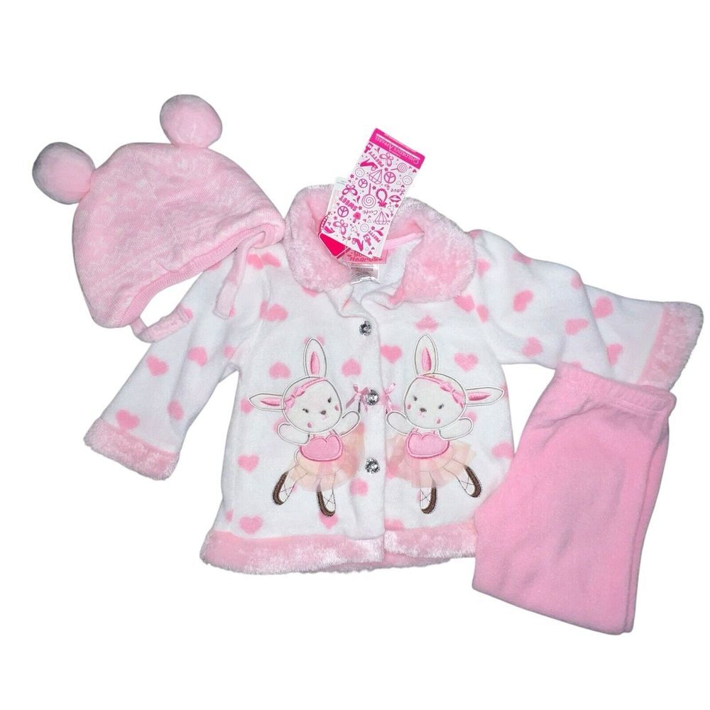 Young Hearts 12 Month Baby Girls Bunny Fleece Button Front Top And Pants Set New